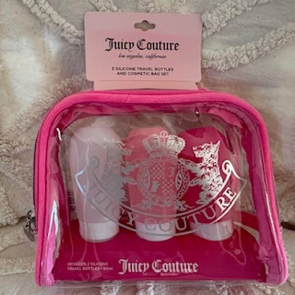 NWT Juicy Couture Travel Set Clear Velour Cosmetic Bag & 3 Bottles TSA approved - Picture 1 of 8